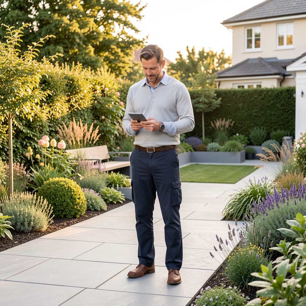 Landscaper managing business on-site