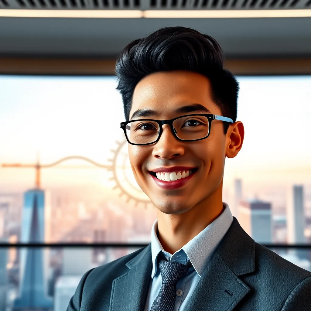 A professional-looking virtual presenter with a friendly smile, standing in front of a clean, modern presentation screen, with a backdrop of a city skyline, showcasing a polished brand logo.