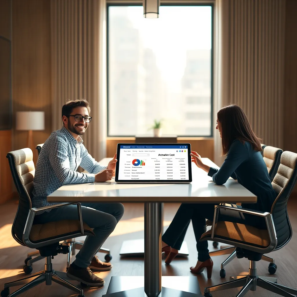 A professional meeting room with a sleek, modern table and chairs. A friendly, confident animator is sitting at the table with a client, discussing a project proposal. The animator is presenting a detailed breakdown of the animation cost on a tablet screen. The lighting is warm and inviting, with natural light streaming through a window. The image is rendered in 8K resolution with hyperrealistic detail, capturing the subtle textures of the furniture and the intricate details of the technology. The overall mood is positive, collaborative, and transparent.