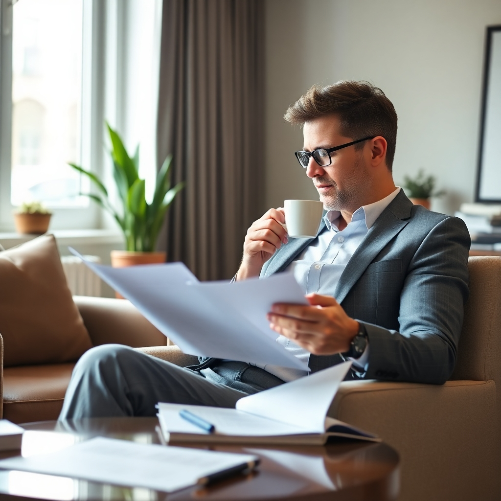 A serene image of a business owner relaxed in a modern office setting, confidently reviewing reports while sipping coffee. Natural light filters through a window, adding warmth to the scene. The office is tastefully decorated, exuding professionalism yet comfort. Subtle textures in furniture and decor provide depth, while the overall lighting conveys a sense of calm and assurance. This image represents the peace of mind that comes with reliable accountant services.