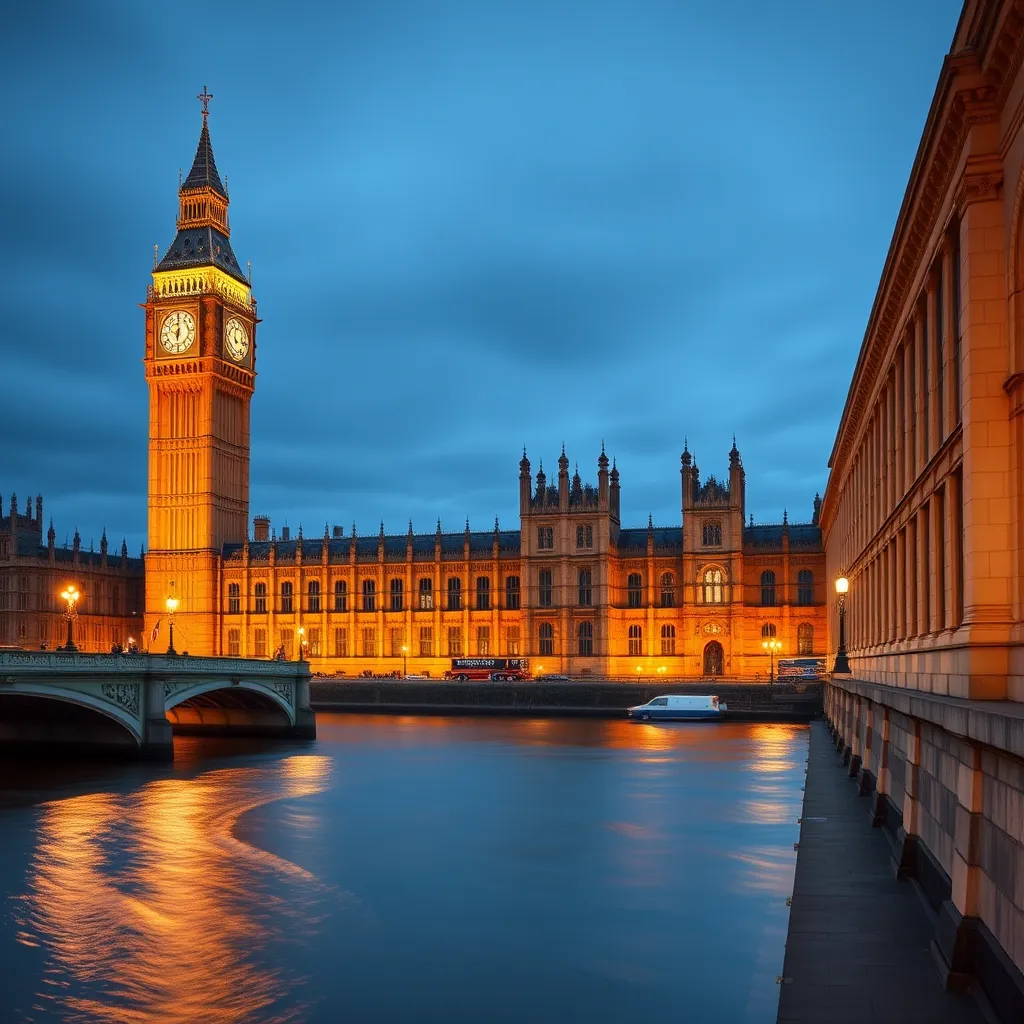 A sleek animated logo with a Westminster landmark in the background, showcasing a dynamic and professional animation style that reflects a modern brand.