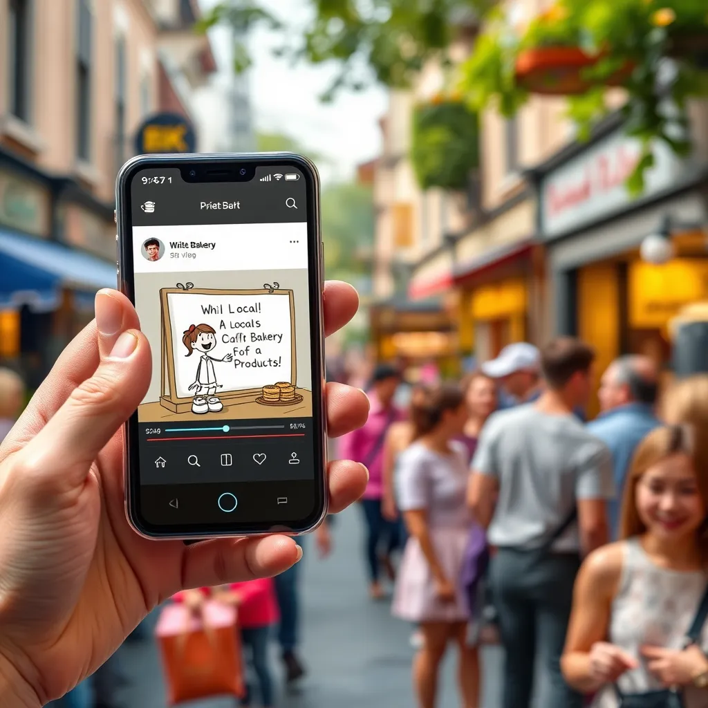 A smartphone displaying a social media feed with a whiteboard cartoon video playing. The video features a cartoon character showcasing a local bakery's products. The background should be a vibrant street scene with people interacting and enjoying the bakery's treats.