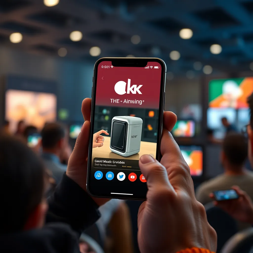 A smartphone displaying a video animation of a brand's product, with the company logo and social media icons prominently displayed. The phone is surrounded by other devices and people watching the video, indicating wide reach and engagement.