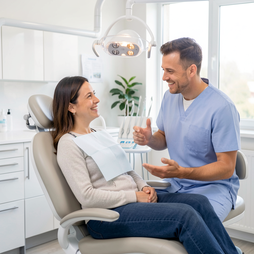 Patient comfortably speaking with a dentist