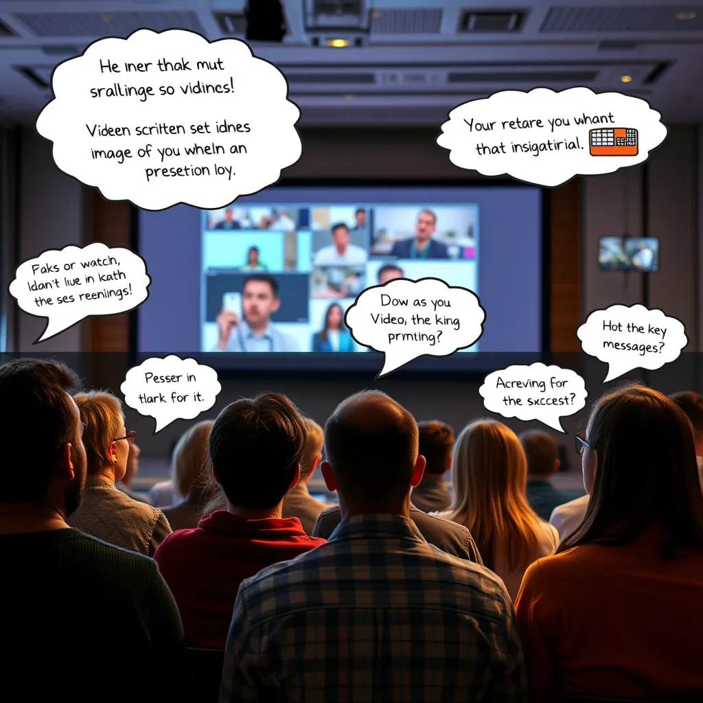 A split image showing a group of diverse people watching a video scribing presentation on a large screen, their expressions indicating concentration and interest, contrasted with thought bubbles illustrating key messages and images they are retaining from the video, highlighting memory retention.