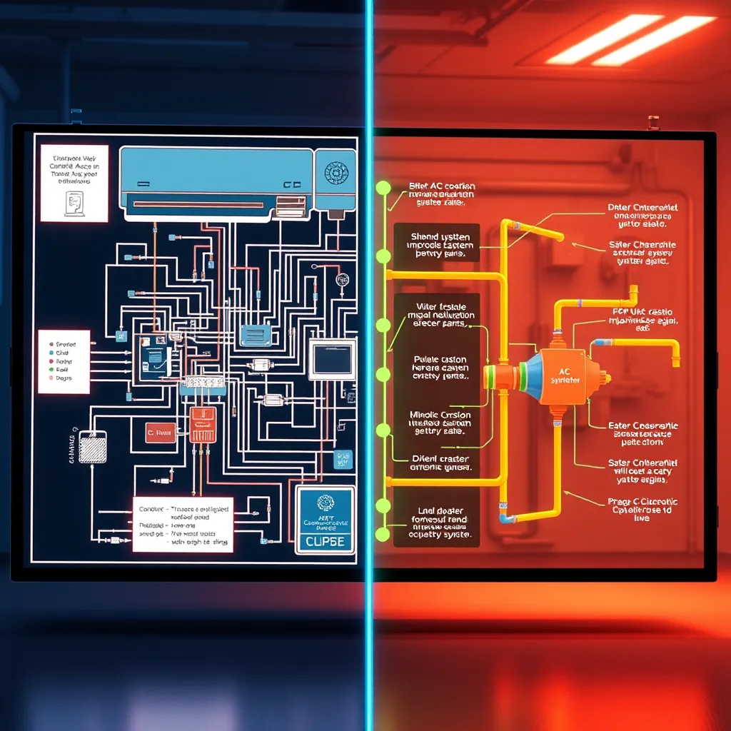 A split-screen animation showing a complex AC system diagram on one side and a simplified, animated explanation of the system's function on the other side. The animation should be bright and colorful, with a clear and concise message.