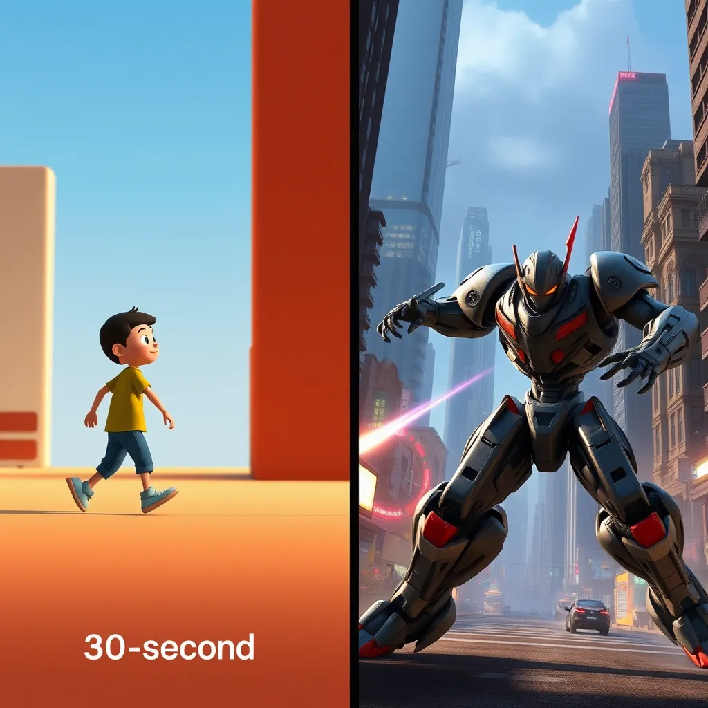 A split-screen image comparing two 30-second animations. On the left, a simple animation of a cartoon character walking, with a basic background. On the right, a complex animation of a detailed robot fighting a monster in a futuristic city.