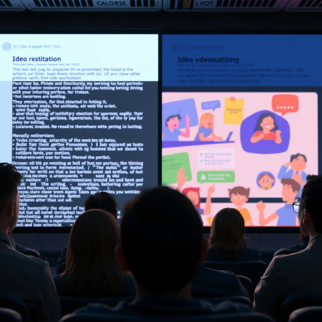 A split-screen image depicting two scenarios: on one side, a dull, text-heavy presentation, and on the other, a lively video scribing scene with engaging visuals and animated characters. Include facial expressions of viewers showing intrigue and retention.