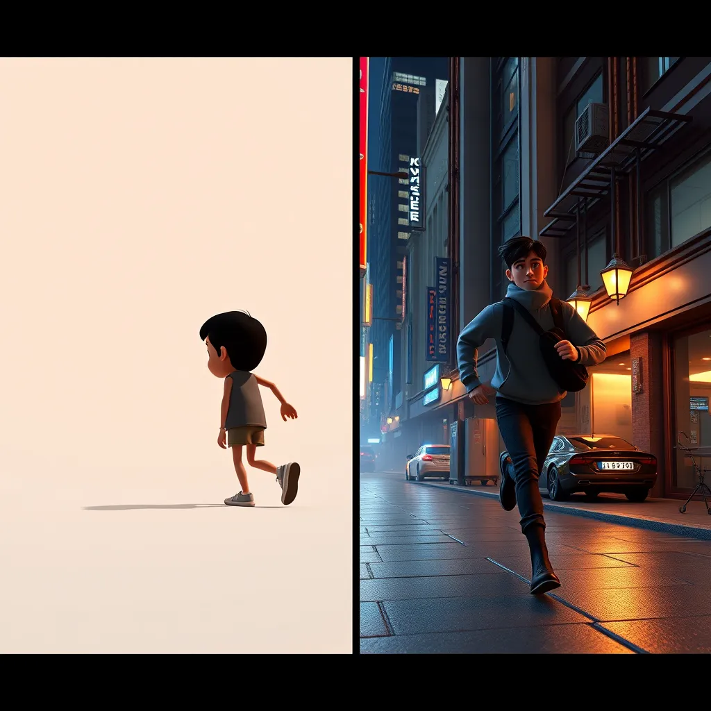 A split-screen image showcasing two contrasting animation styles. On the left, a simple, 2D animation of a cartoon character walking, with flat colors and minimal details. On the right, a complex, 3D animation of a photorealistic human character running through a detailed city environment with intricate lighting and textures.