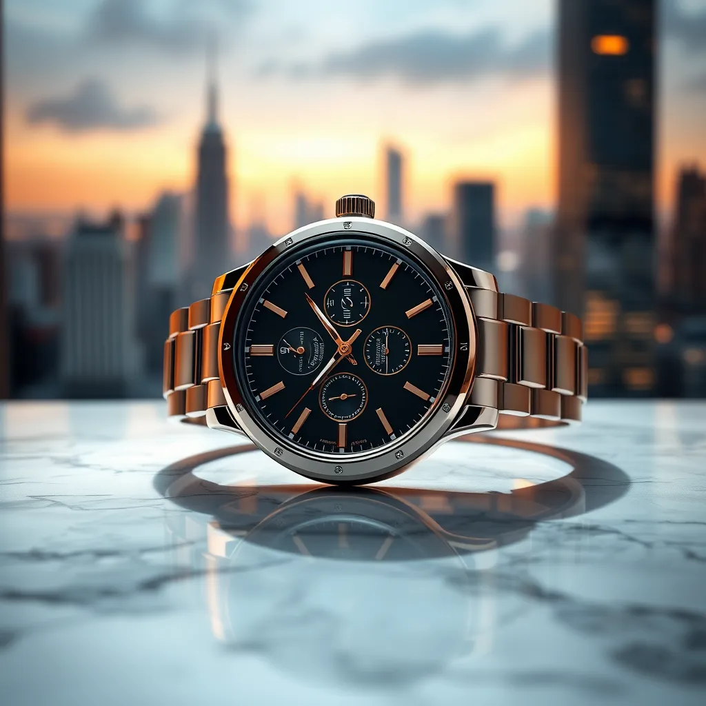 A stunning, hyperrealistic animation of a high-end luxury watch, showcasing its intricate details and elegant design. The watch is placed on a polished marble surface with a soft, warm spotlight illuminating it. The animation features slow, graceful movements, highlighting the watch's smooth curves and textures. The background is a blurred image of a sophisticated city skyline, creating a sense of elegance and prestige. Render the image in 8K resolution with a focus on hyperrealistic textures and materials. The overall mood is luxurious and sophisticated.