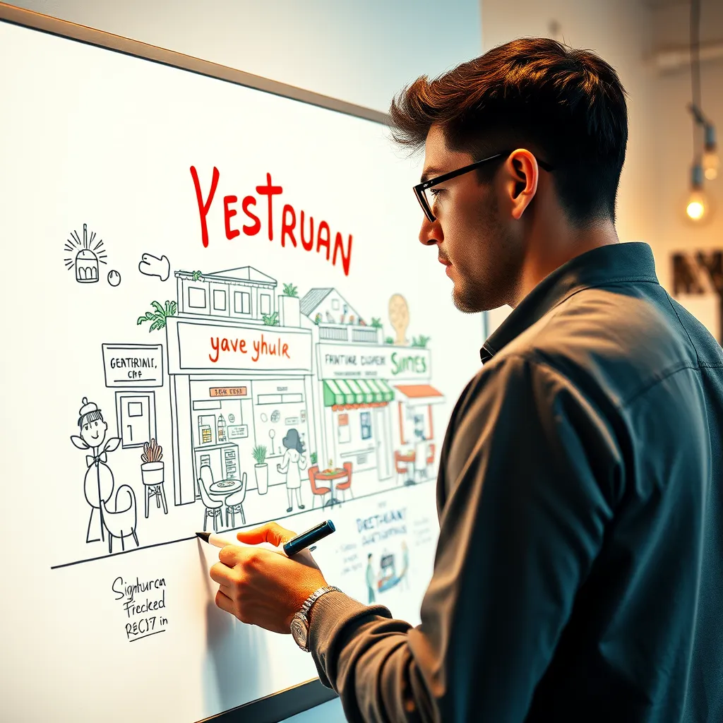 A stunning image of a professional artist meticulously creating a whiteboard illustration. The artist is standing in a well-lit studio, using colorful markers to draw a detailed representation of a local restaurant. The illustration showcases the restaurant's signature dishes, friendly atmosphere, and inviting ambiance. The image should capture the creative process, with the artist's hand in focus and the whiteboard illustration taking shape in the background. The lighting should create a soft, warm glow, highlighting the textures of the markers and the whiteboard. Style reference: realistic painting. Render in 8K resolution, hyperrealistic.