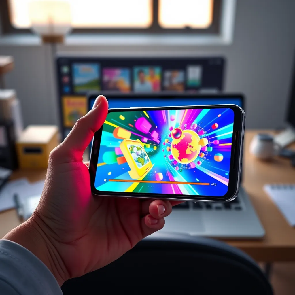 A stylized, colorful animation of a hand holding a smartphone with a captivating video animation playing on the screen, showcasing vibrant colors and dynamic movement, attracting the attention of a person watching it. The scene should be set in a modern office setting, with a laptop and other office supplies visible in the background.