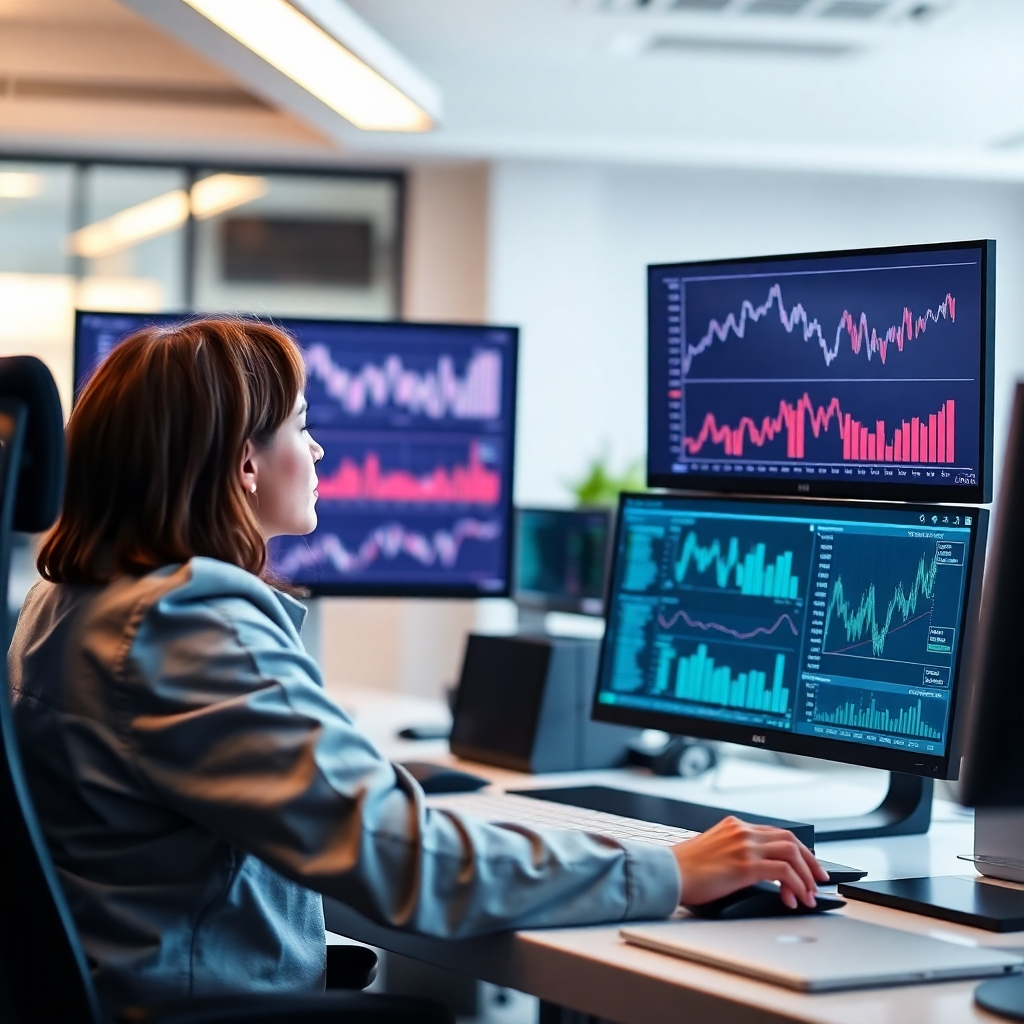 A stylized image of a finance professional using sophisticated software on a dual-monitor setup, showcasing graphs and financial data. The workspace is modern and well-organized, with a clean aesthetic. Bright LED lights in soft tones create a conducive working environment. The composition is balanced, emphasizing technology and resourcefulness. Captured in high resolution, it underscores the importance of tools in providing top-notch financial services.