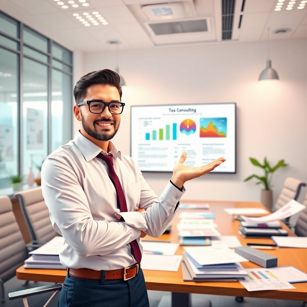 A stylized image portraying a tax consultant in a meeting room filled with paperwork and financial reports. The lighting is bright and clear, showcasing a dynamic environment. The consultant, exuding confidence, gestures towards an infographic on a digital screen, illustrating tax strategies. The ambiance is professional yet approachable, with modern office decor complementing the financial theme. The colors are vibrant, emphasizing clarity and insight. This engaging image captures the essence of tax consulting, highlighting expertise in financial strategy.