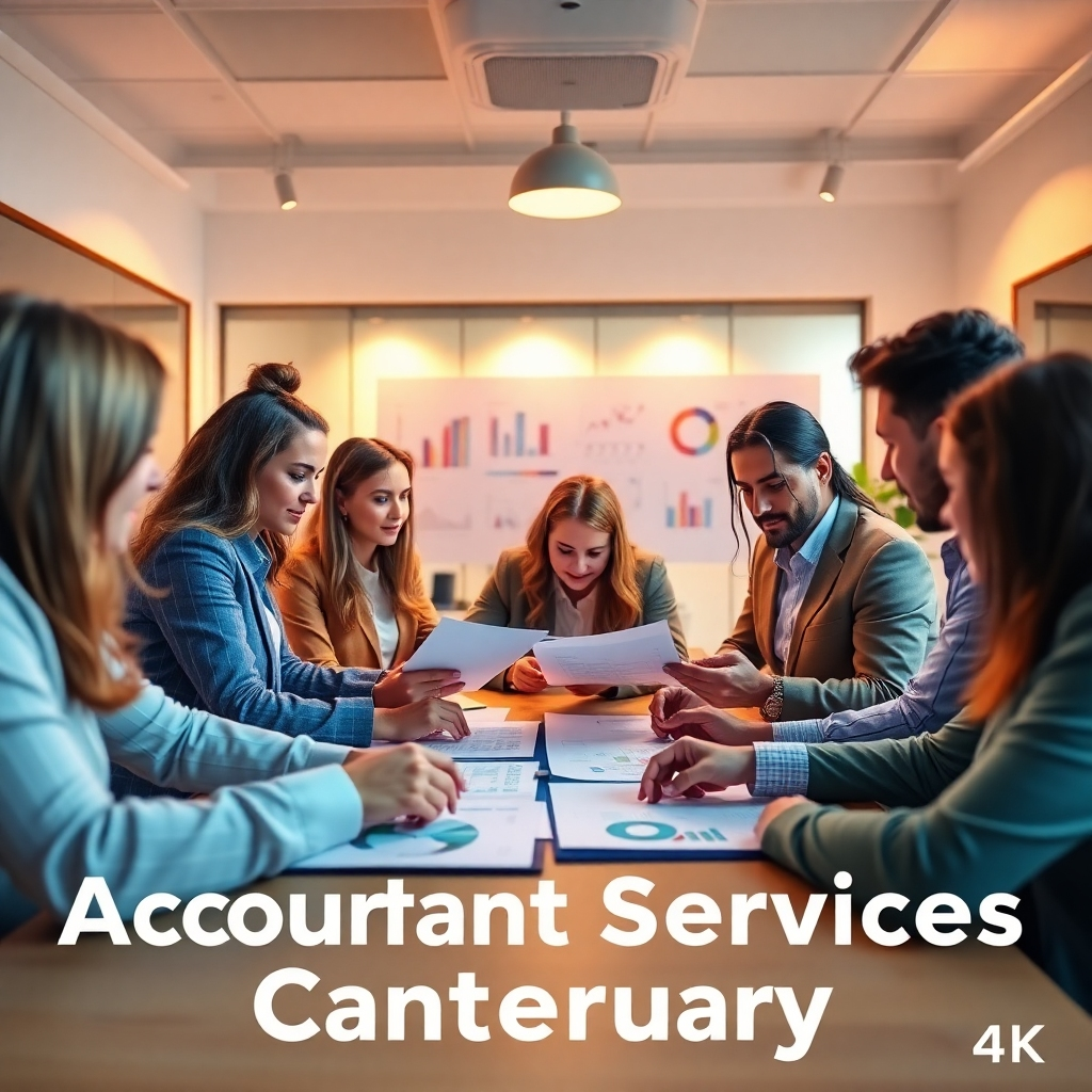 A stylized image representing the core values of 'Accountant Services Canterbury'. The scene depicts a diverse team of accountants collaborating over financial statements, surrounded by modern office elements like charts and computers. Soft, warm lighting illuminates the room, emphasizing a sense of teamwork and professionalism. The atmosphere is vibrant yet focused, showcasing a dynamic work environment. The color palette features earthy tones combined with modern accents. The camera perspective is eye level, creating an intimate view of teamwork in action. This high-quality 4K image visually symbolizes collaboration and trust in the accounting field.