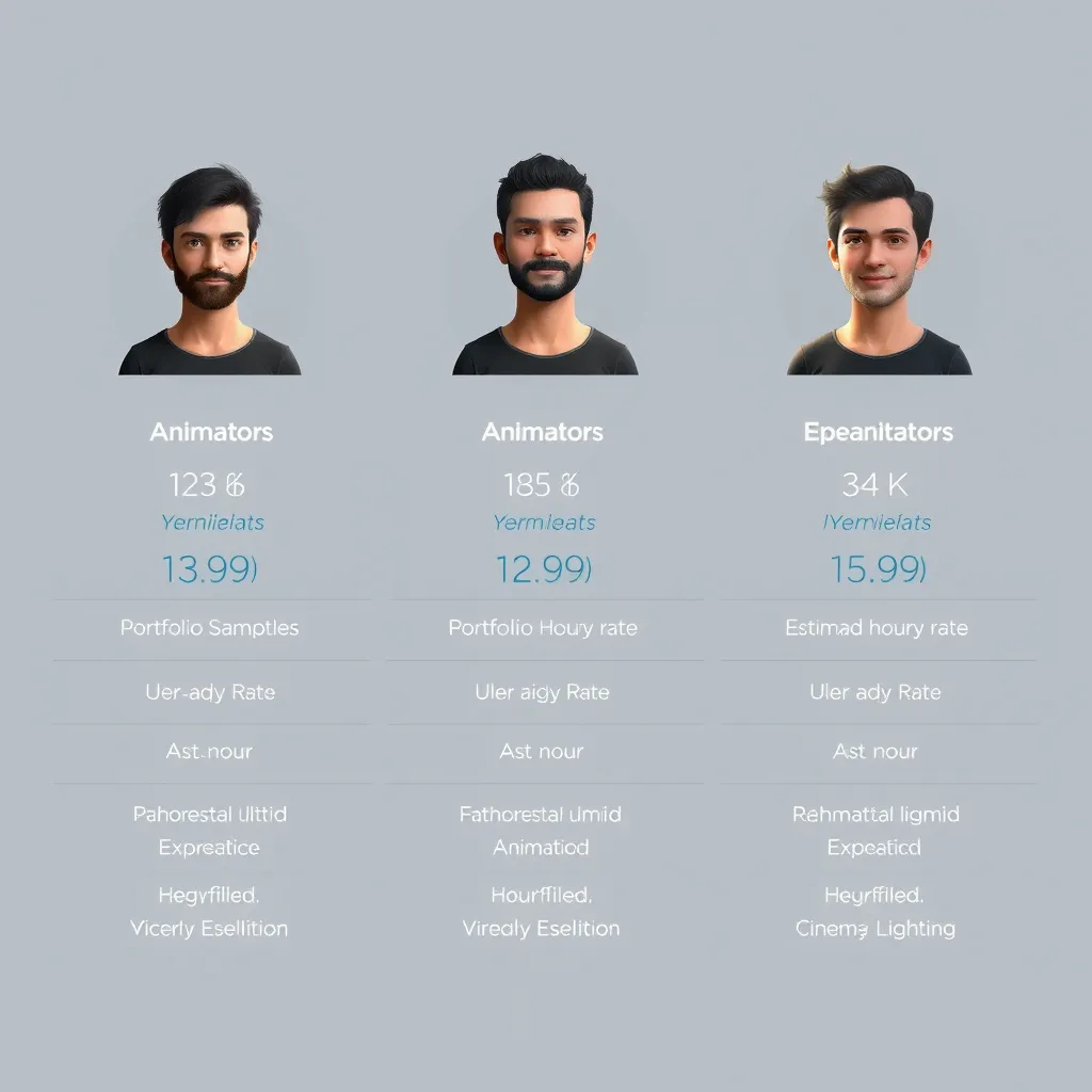 A table showcasing the profiles of three animators with different experience levels. Each profile should include an image of the animator, their years of experience, portfolio samples, and an estimated hourly rate. The animator with the most experience should have the highest hourly rate.