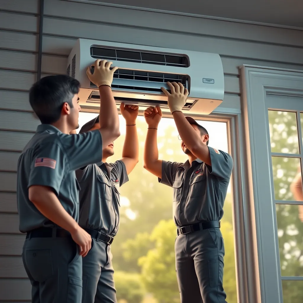 A team of professional AC technicians wearing uniforms are shown in a detailed animation installing a new AC unit in a house. The animation showcases the meticulous steps of the installation process, highlighting the expertise of the technicians. The animation ends with a happy homeowner enjoying the cool air from the newly installed AC unit.
