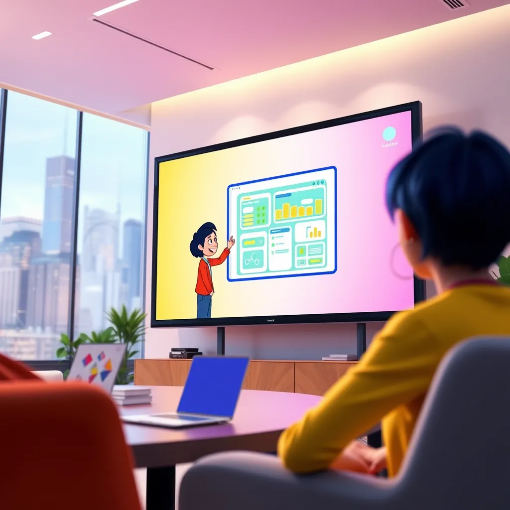 A vibrant, 2D animated explainer video playing on a large screen in a modern office setting. The screen displays a stylized, animated character explaining a complex software interface. Soft, diffused lighting illuminates the scene. The color palette is bright and playful, with a focus on bold, contrasting colors. The camera angle is slightly tilted, giving a dynamic perspective. The background features a blurred, abstract representation of a city skyline, suggesting a modern and innovative context. Rendered in 8K resolution, ultra-realistic, with a focus on intricate details in the animation and the surrounding environment.  Style: similar to the animation style of Pixar's 'Inside Out'