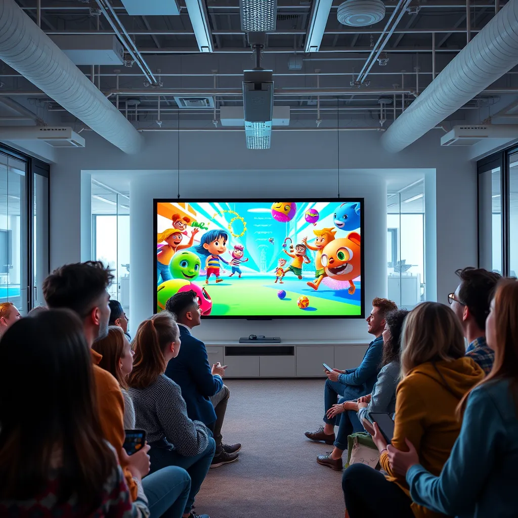 A vibrant, animated video playing on a large screen in a modern office space. People are gathered around, watching intently, with smiles on their faces. The video features dynamic graphics, bright colors, and engaging characters.