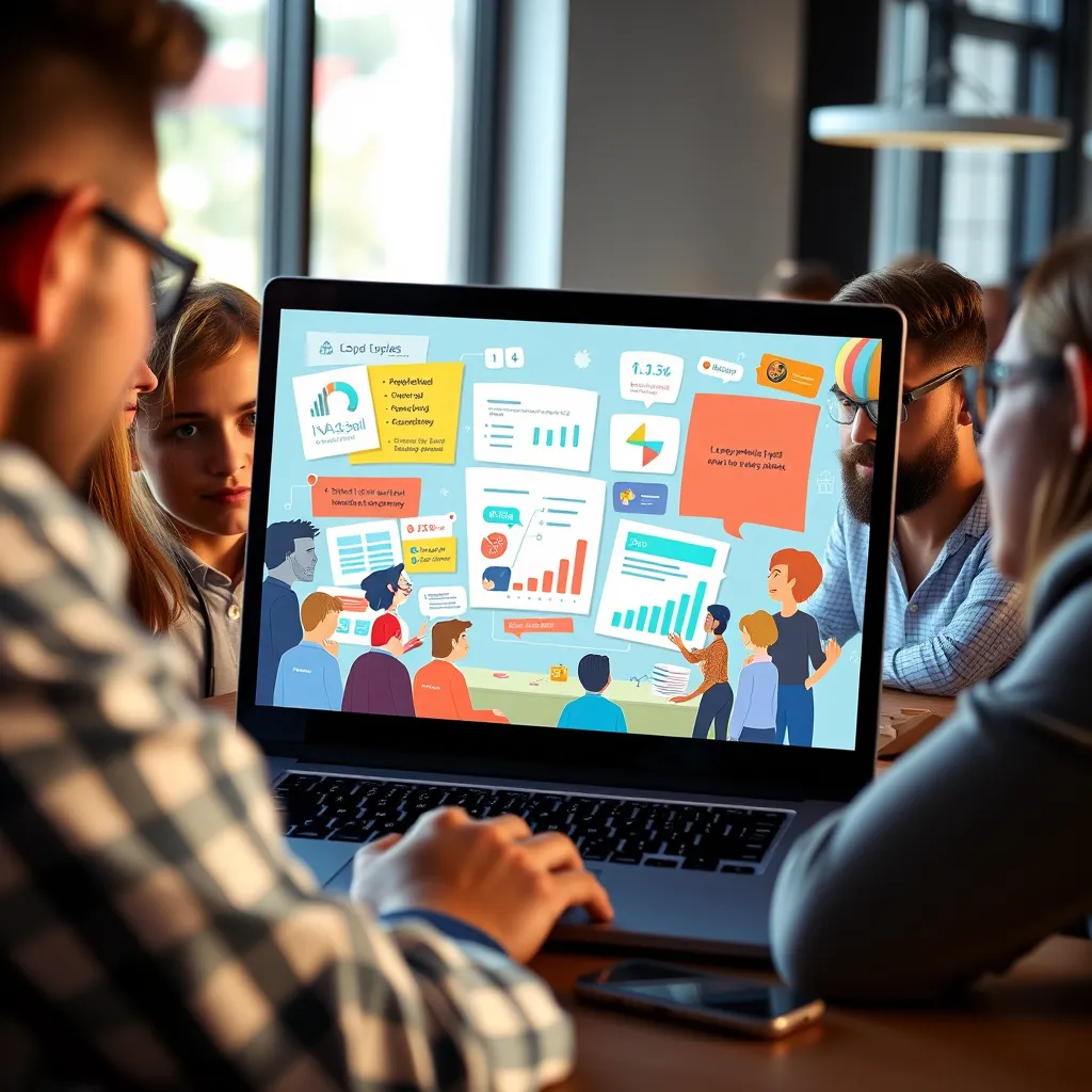 A vibrant, colorful explainer video playing on a laptop screen, with a group of people gathered around, intently watching and listening. The video features animated characters, graphs, and text, representing a complex topic being broken down into easily understandable concepts. The background should be a modern office setting with natural light streaming in.