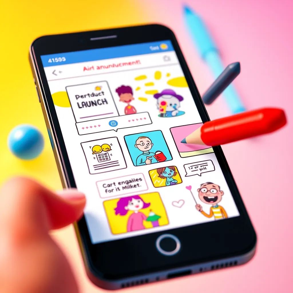 A vibrant, dynamic image showcasing various social media animations created on a whiteboard. Imagine a smartphone screen with a scrolling feed of engaging content. The animations could include a product launch announcement, a step-by-step tutorial, or a fun character interacting with the viewer. The color palette should be bright and energetic, reflecting a playful and engaging tone. The image should be captured from a close-up perspective, highlighting the intricate details of the animations. Style reference: Cartoon Network animation. Render in 8K resolution, ultra-detailed.