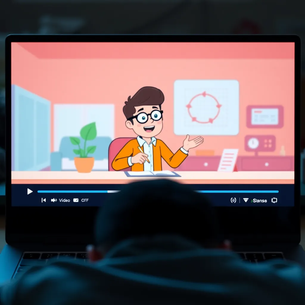 A vibrant, modern animated video playing on a laptop screen, showcasing a character explaining a complex concept with simple visuals. The background is blurred, with a person watching the video intently in the foreground.