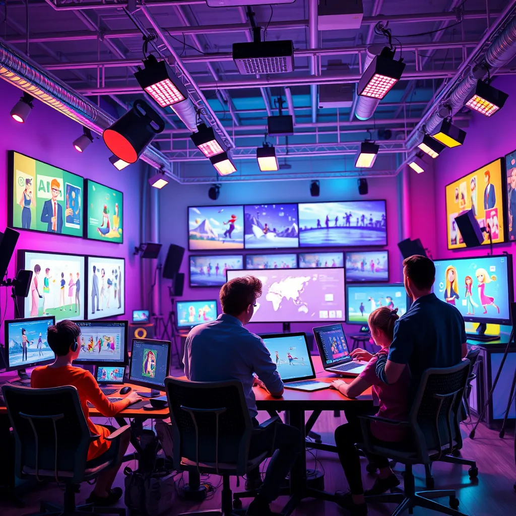 A vibrant, modern animation studio with a team of creative professionals working on a video animation project. The studio is filled with colorful lights and high-tech equipment. There are screens displaying various animation concepts, and the team is brainstorming ideas and collaborating. The atmosphere is energetic and creative.