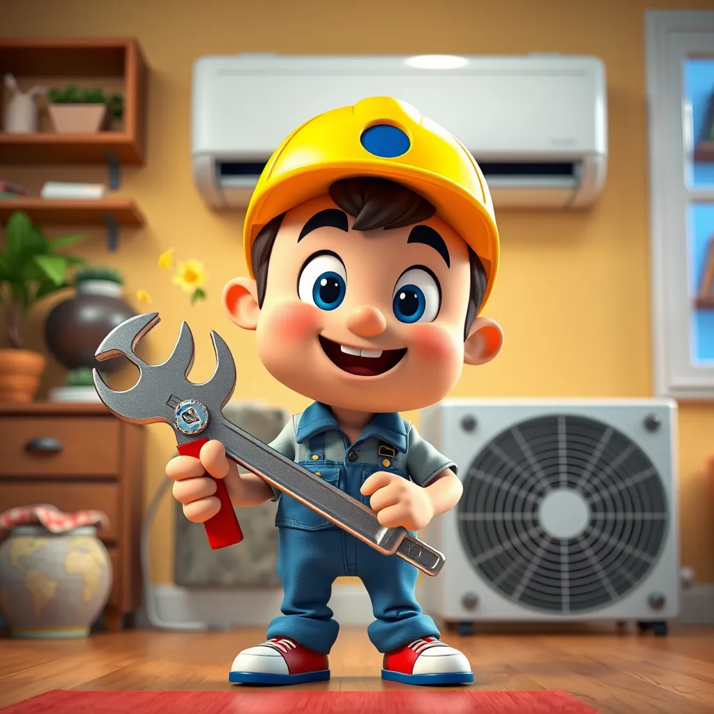 A vibrant animation featuring a friendly cartoon character holding a wrench, with an AC unit behind them. The background is a stylized representation of a home interior, showcasing comfort and cool air.