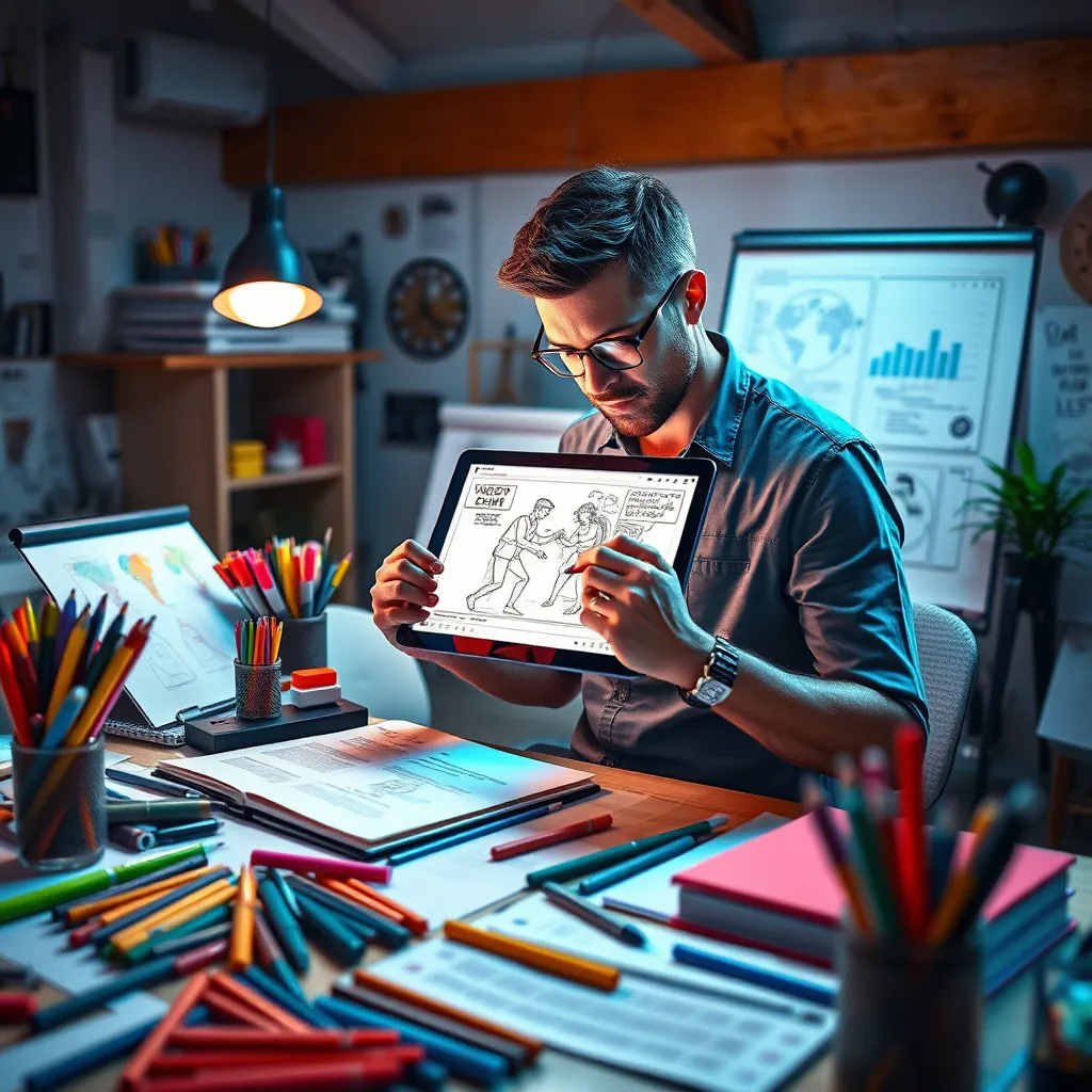 A vibrant scene depicting an artist at work, illustrating a dynamic video scribing process on a digital tablet. The artist is surrounded by colorful markers, sketchbooks, and storyboards, showcasing a blend of creativity and technology in a modern workspace.