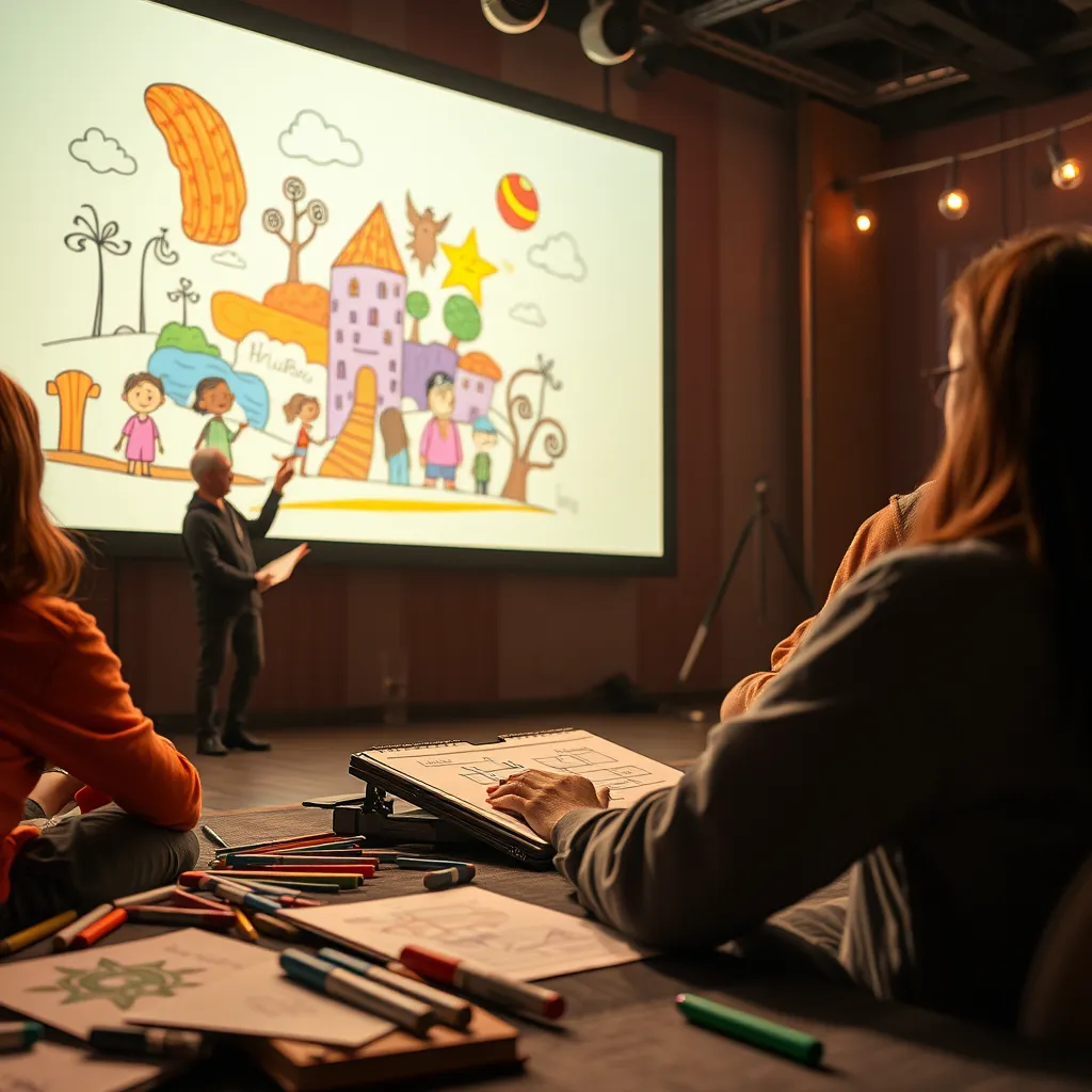 A vibrant video scribing scene featuring a storyteller beside a large screen with animated illustrations and a hand drawing the images, showing colorful sketches coming to life, an audience captivated by the visual narrative, with various art materials like markers and papers scattered around.