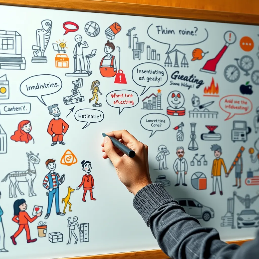 A vibrant video scribing scene showing an animated whiteboard with a hand drawing illustrations. The background should include colorful sketches of diverse characters and concepts, representing various industries. Add speech bubbles with key phrases to enhance storytelling.