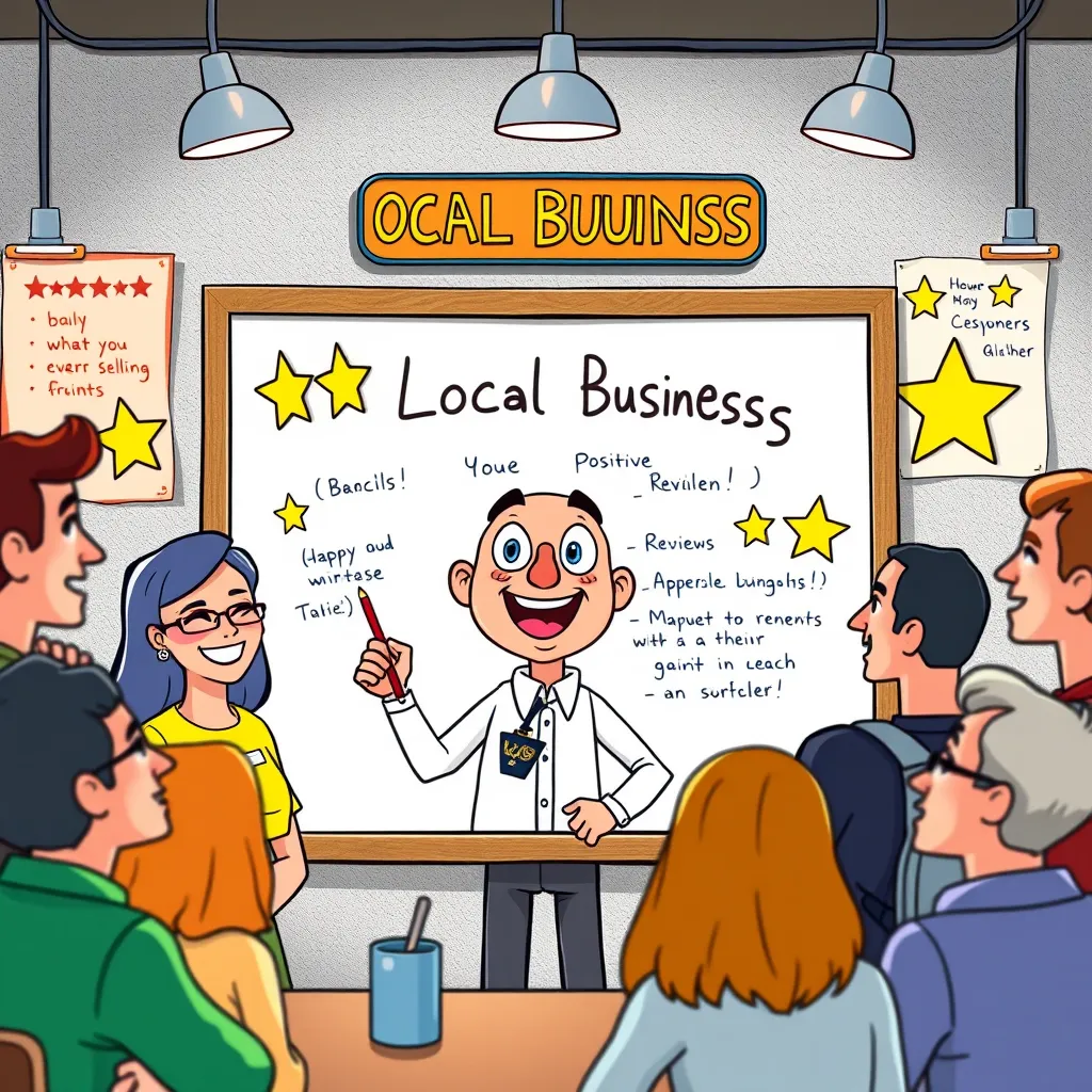 A vibrant whiteboard animation with a cartoon character representing a local business, surrounded by happy customers and positive reviews. The animation should showcase the business's unique selling points and a catchy slogan.