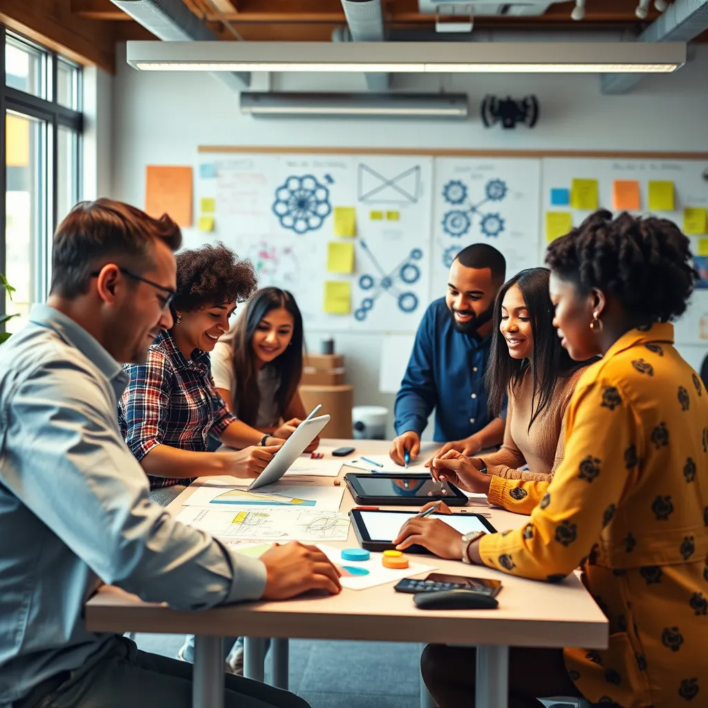 A vibrant workspace showcasing a diverse team collaborating on a video scribing project. Include colorful sketches, digital tablets, and brainstorming notes. The environment should be lively, filled with creative energy, and open to innovation.