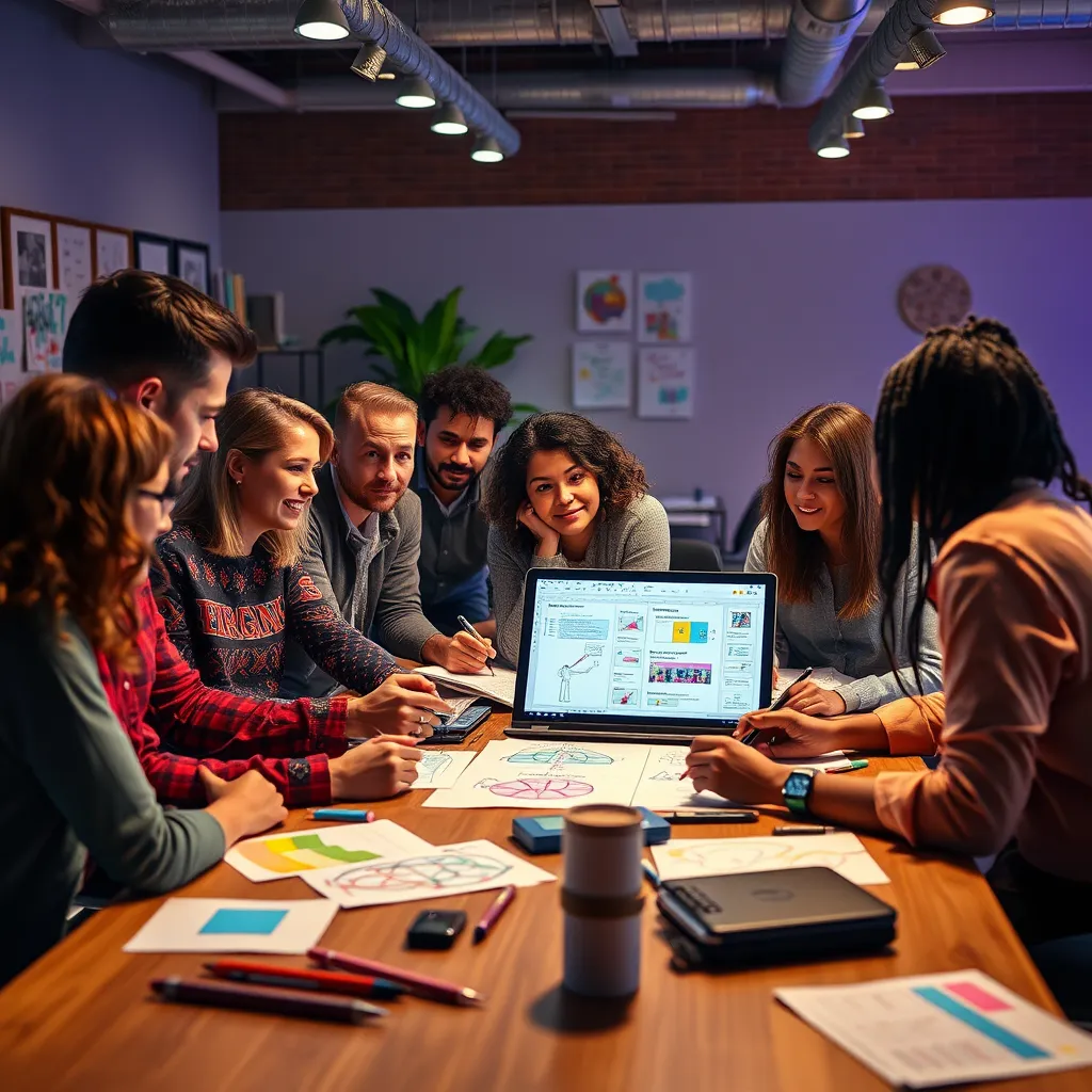 A visually rich workspace showing a diverse team gathered around a table. Client and video scribing artist reviewing a storyboard on a laptop, with colorful sketches and notes spread out. The atmosphere is creative and engaged, reflecting collaboration.