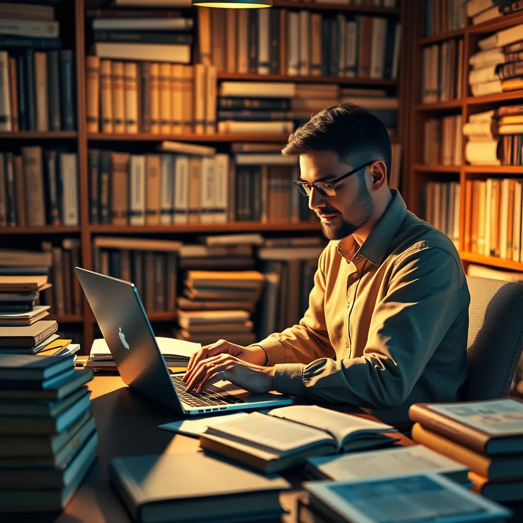 A warm and inviting image of an accountant working on a laptop, surrounded by a library of financial books and journals. The image captures a sense of professionalism and expertise, with the accountant focused and engaged in creating valuable content. The lighting is soft and diffused, casting a warm glow on the scene. The color palette is earthy and calming, with shades of beige, brown, and green, reflecting a sense of stability and trust. Render in 8K resolution, paying attention to the textures of the books, the paper, and the laptop, creating a realistic and inviting atmosphere.