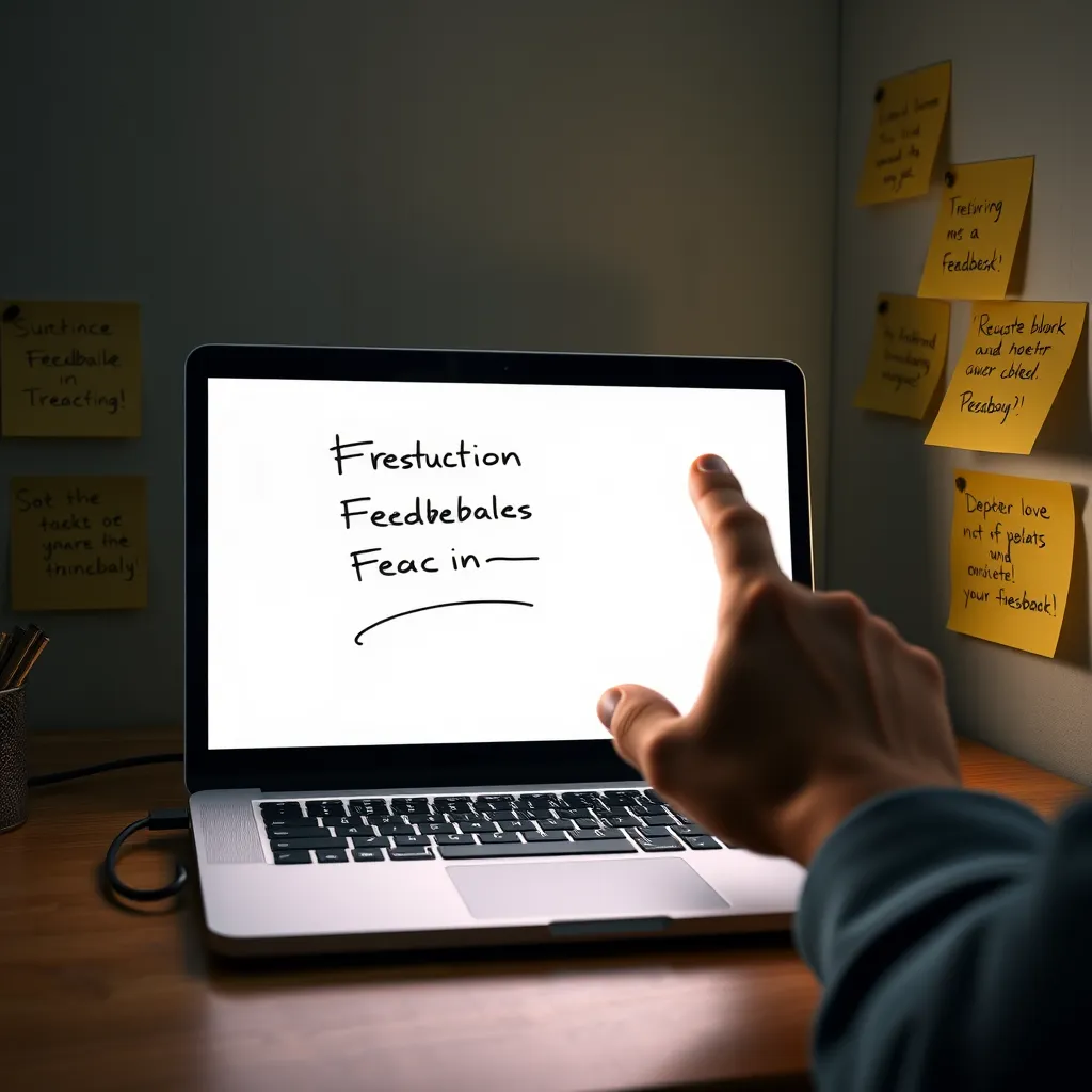 A whiteboard animation playing on a laptop screen with a hand pointing to the screen while giving feedback. There are several post-it notes with handwritten feedback on a nearby wall.