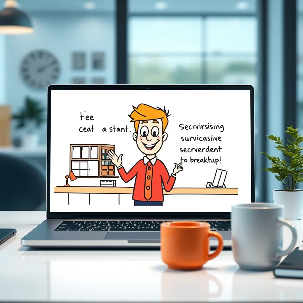 A whiteboard animation video playing on a laptop screen, showing a friendly cartoon character explaining a local business's services. The video should be set in a modern office with a coffee mug and a plant on the desk.
