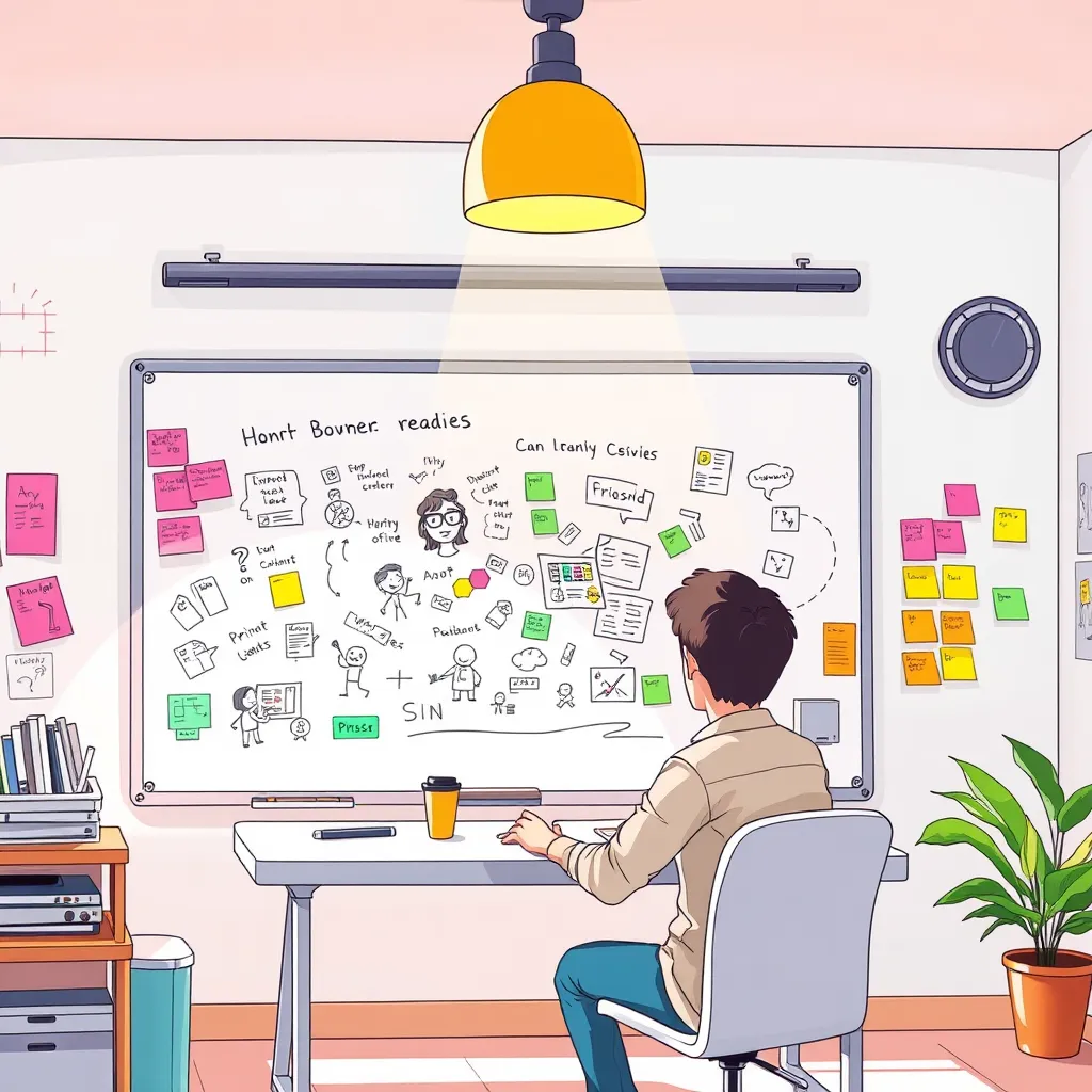 A whiteboard cartoon with a vibrant, colorful scene. A person is sitting at a desk, brainstorming ideas and sketching out the cartoon on a whiteboard. The room is filled with light, and there are colorful sticky notes and drawings on the wall.