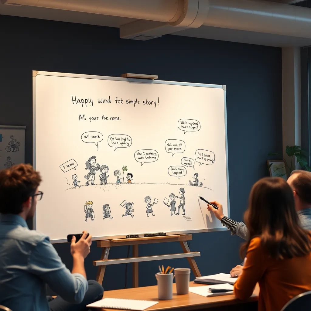 A whiteboard with a captivating cartoon illustration depicting a simple story. The illustration should be bright and engaging, with clear characters and dialogue bubbles. A creative artist is sitting beside the whiteboard, sketching and brainstorming ideas with a group of people.
