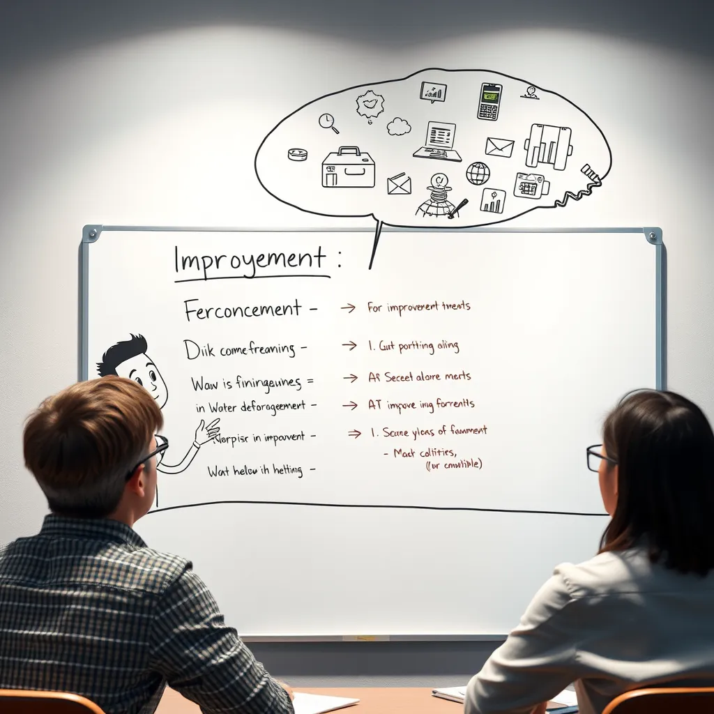 A whiteboard with a cartoon character explaining a concept, a person pointing out areas for improvement, and a thought bubble above their heads filled with ideas for enhancements. The image should convey a collaborative and positive environment with a focus on improvement.