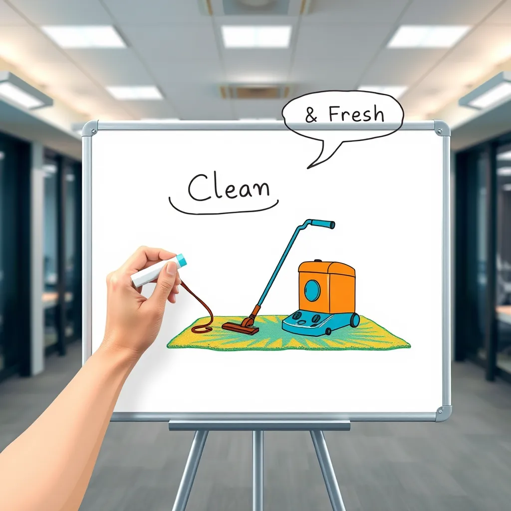 A whiteboard with a cartoon hand drawing a vibrant, colorful illustration of a carpet being cleaned with professional equipment. The background is a clean, modern office setting. There is a small, animated speech bubble above the drawing with the text "Clean & Fresh".