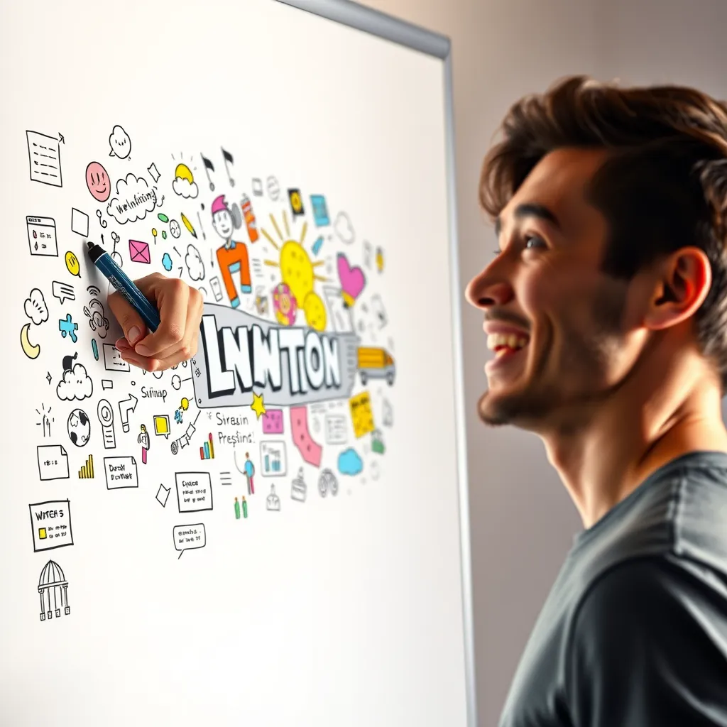 A whiteboard with a hand drawing a vibrant and dynamic animation on the left side. The whiteboard is filled with colorful illustrations, icons, and text boxes. On the right side, a person is watching the animation with a smile and a look of delight.