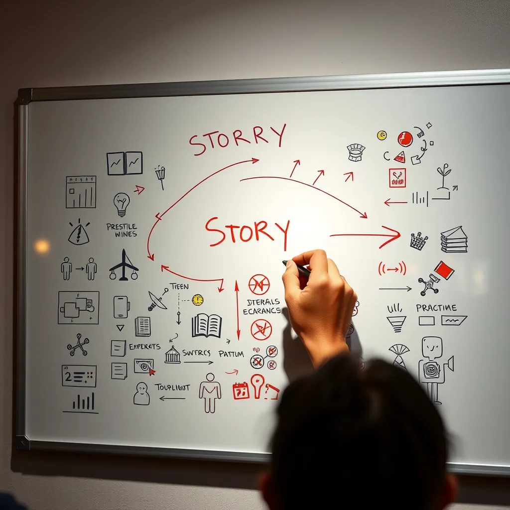 A whiteboard with a hand drawing a story arc with arrows and key points. The whiteboard is filled with colorful illustrations and icons representing the story's elements. There is a person in the background, engaged and listening to the story unfold on the whiteboard.