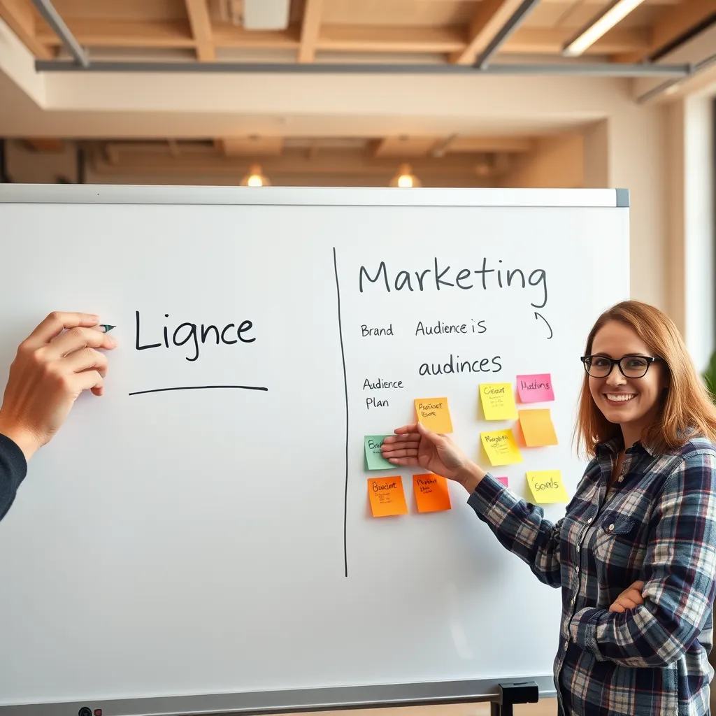 A whiteboard with a hand drawing a simple logo on the left side, while on the right side, a person is presenting a marketing plan with a confident smile. The whiteboard is surrounded by colorful sticky notes with keywords like "brand", "audience", and "goals." The background should be a modern office with a warm and inviting atmosphere.