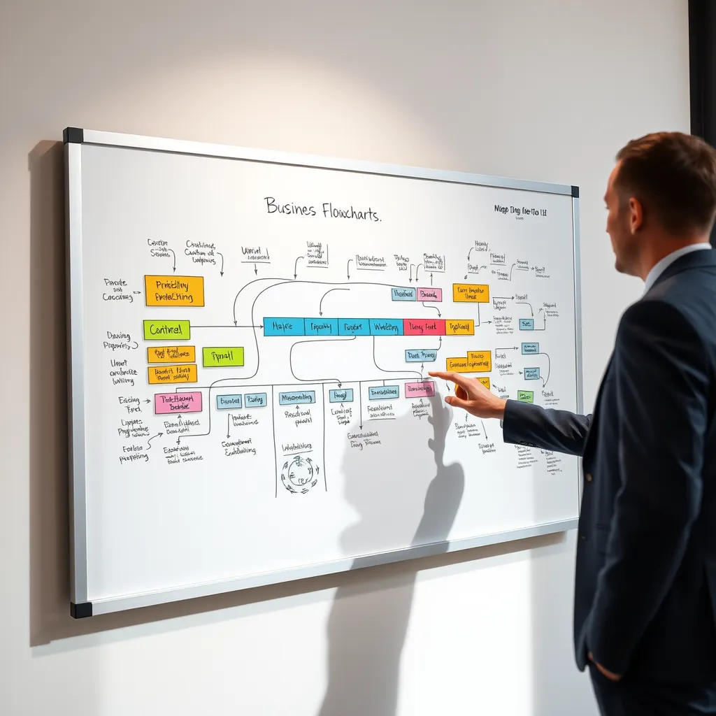 A whiteboard with a large, colorful diagram depicting a business flowchart.  The flowchart should be detailed, showcasing various stages from ideation to marketing, with arrows connecting them. A businessperson wearing a suit is standing beside the whiteboard, pointing at the diagram and explaining it to another person.