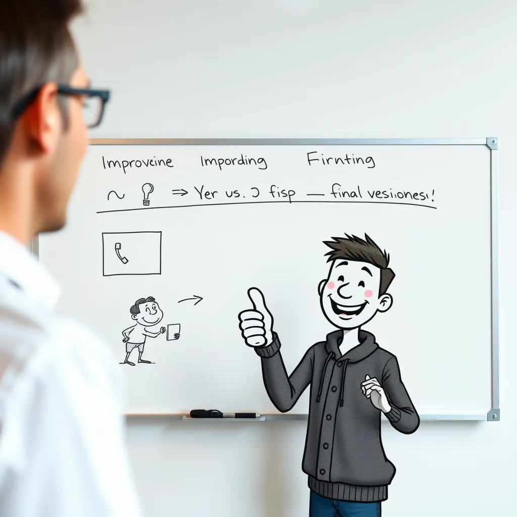 A whiteboard with a series of whiteboard cartoons, showing gradual improvements and changes, with a person and a cartoon character smiling and giving a thumbs up, indicating satisfaction with the final version. The image should convey a sense of collaboration and a positive outcome.