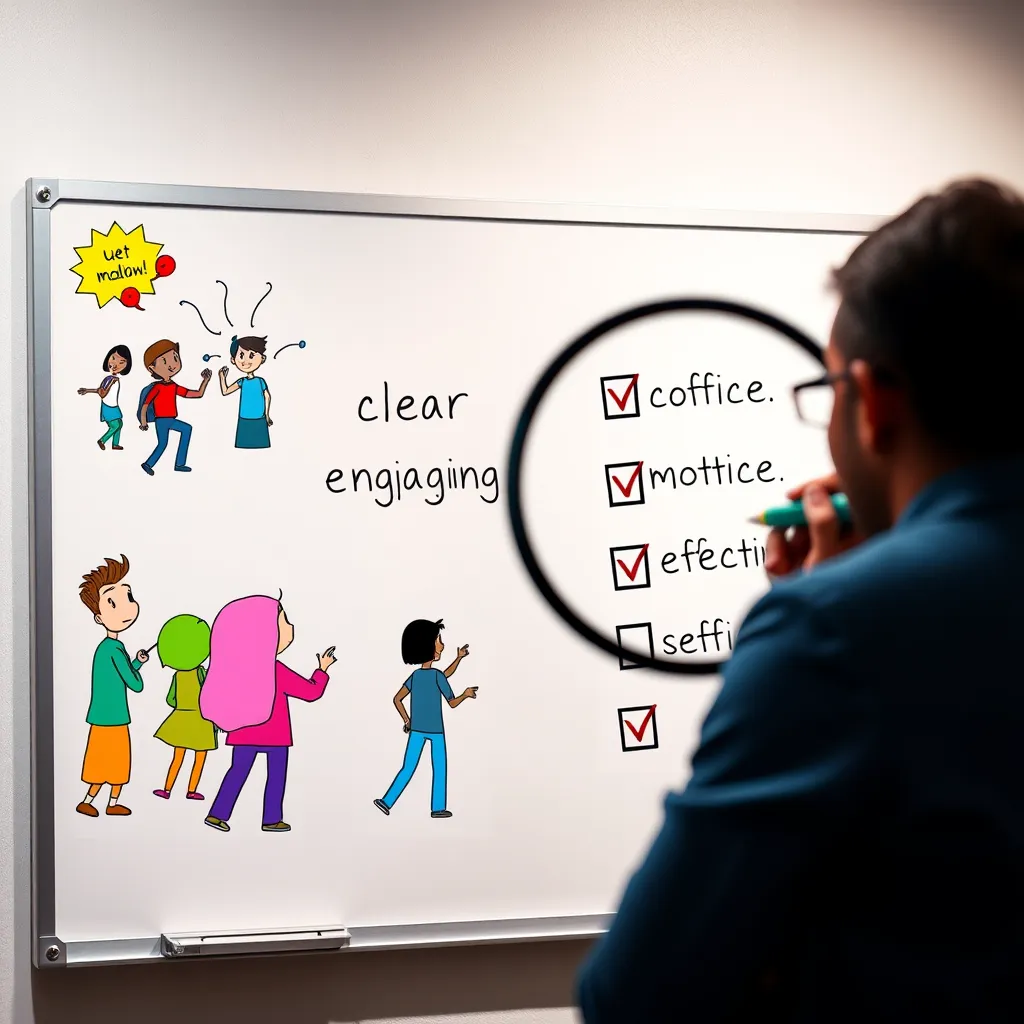 A whiteboard with colorful cartoon characters brainstorming, a person with a magnifying glass reviewing their ideas, and a checklist with the words 'clear', 'engaging', and 'effective' ticked off. The image should be vibrant and convey a sense of thoroughness and attention to detail.