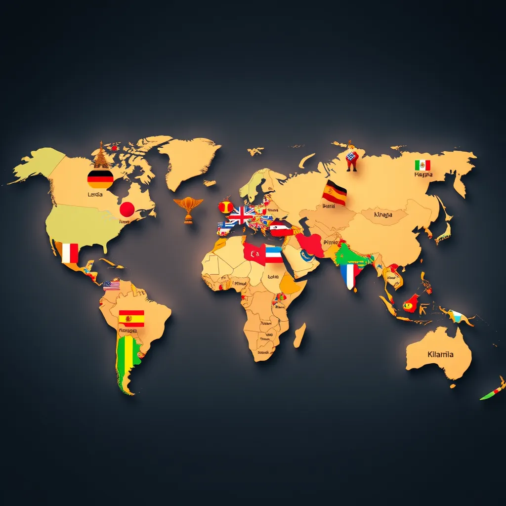 A world map with animated icons representing different languages, showing animated video content being accessed and enjoyed in various countries around the globe.