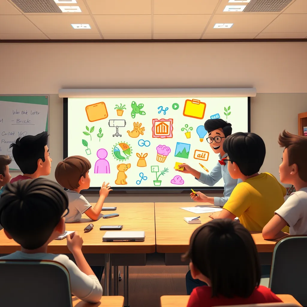 An animated classroom setting with students of various backgrounds engaging eagerly with a large video screen displaying vibrant video scribing animations. A visual of a happy teacher guiding them, emphasizing creativity and accessible learning.