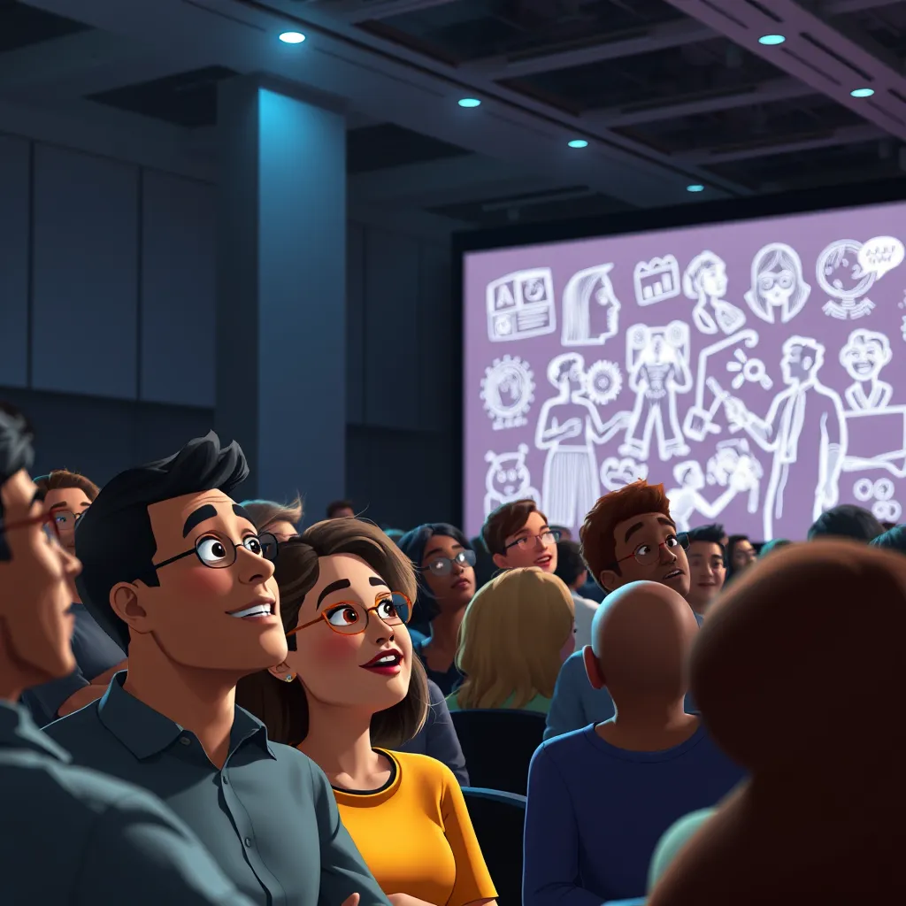 An animated scene depicting a diverse audience watching a video scribing presentation. Show expressions of amazement and interest on their faces, with the scribing visuals projected on a large screen. Include diverse demographics in the audience.